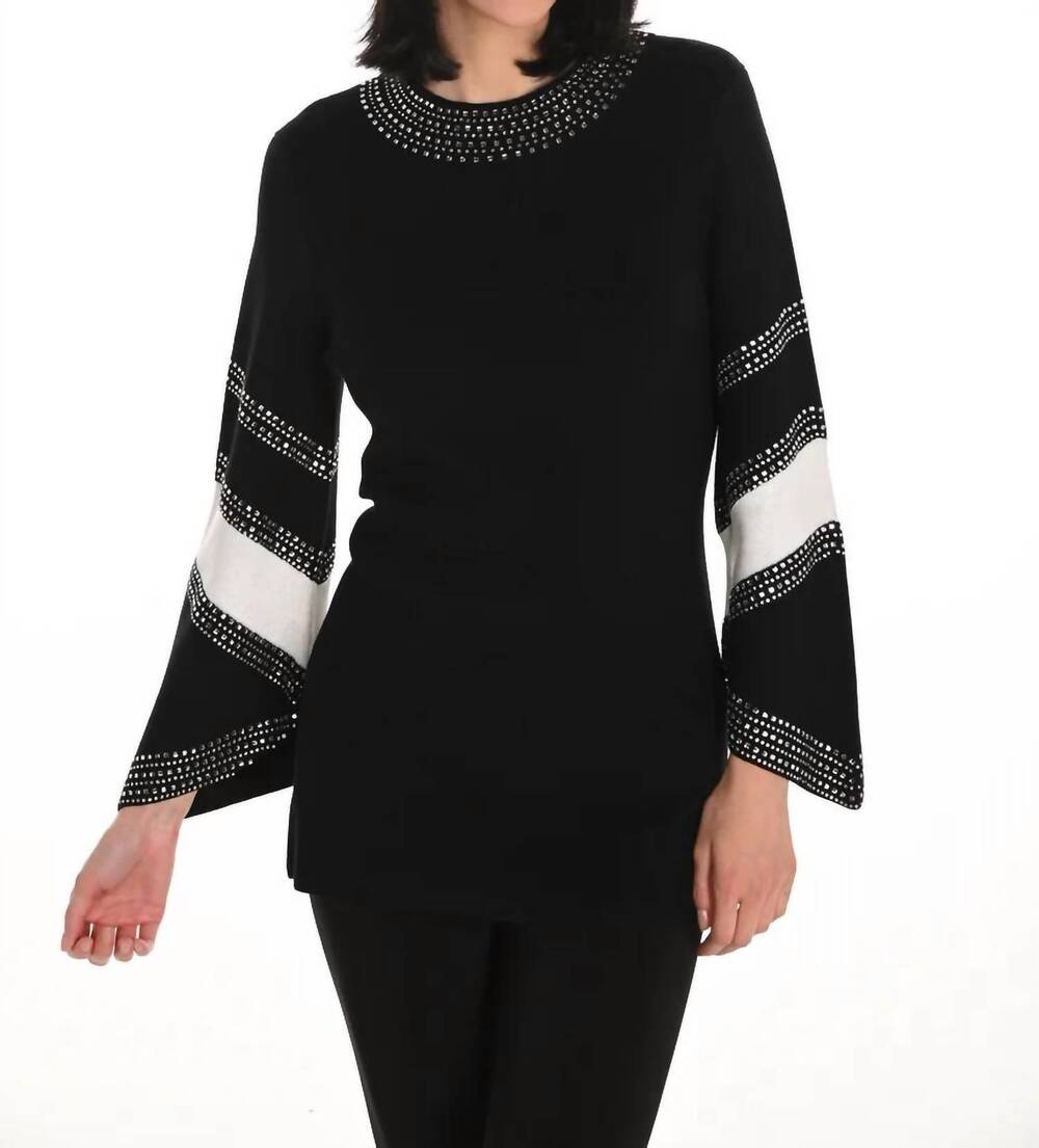 NEW FRANK LYMAN jasna jeweled stripe pullover sweater in black and off-white